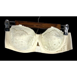 Vintage Strapless Bullet Bra 1950s Wings White Embroidered Floral Size 36A